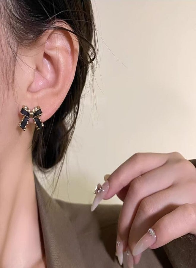 Eason1874 Bow Earrings for Women Rhinestone Drop Dangle Earrings Pearl Bowknot Trendy Ribbon Stud cute Earrings Gift (Black) - Image 4